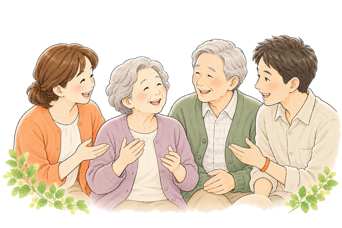 地域の方々が笑顔で語り合うイラスト